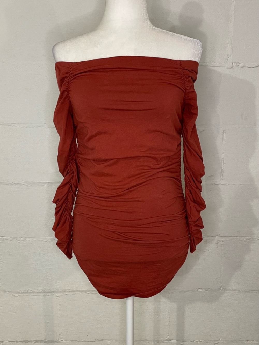 Anthropologie Off-Shoulder Ruched Long Sleeve Top - Brick Red